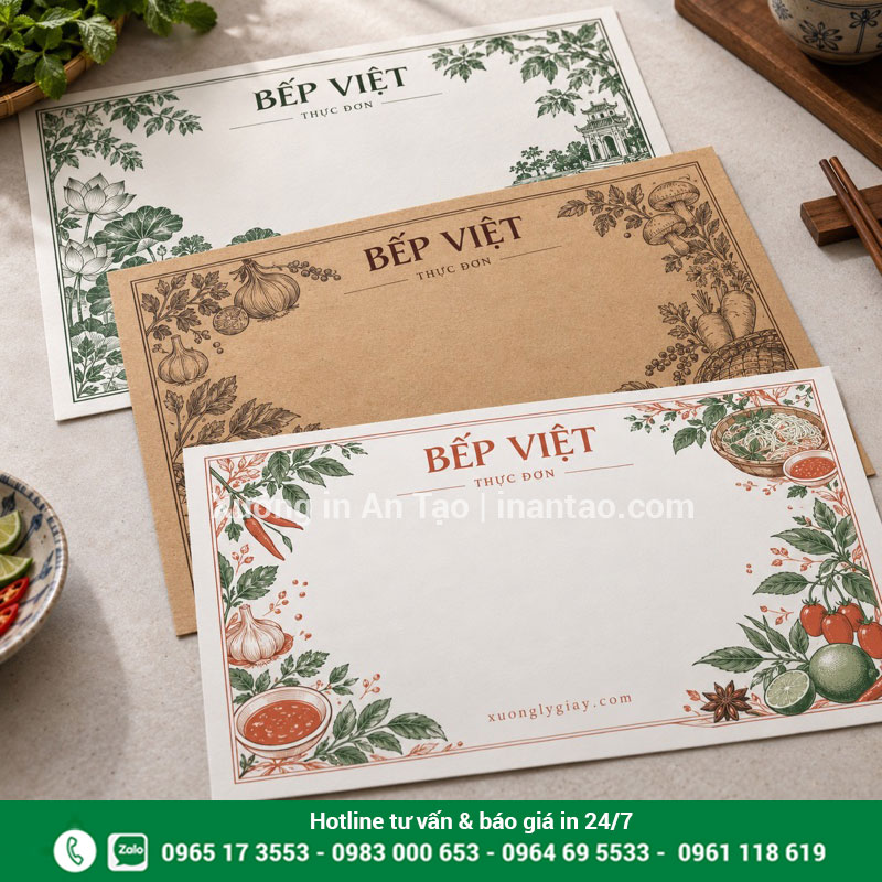 Gợi ý chất liệu Ford, Kraft và Couche cho giấy lót bàn Ba mẫu giấy lót bàn ăn bằng giấy trắng và giấy Kraft với thiết kế nhà hàng
