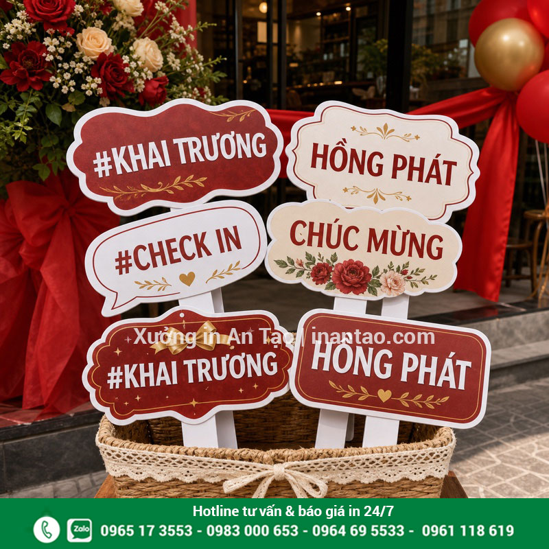 Hashtag cầm tay khai trương thiết kế theo thương hiệu Bộ hashtag cầm tay khai trương màu đỏ vàng