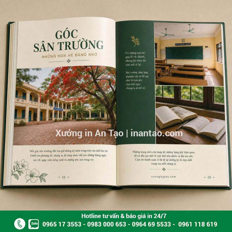 Bố cục in ảnh kỷ yếu rõ nét trên trang ruột Trang ruột kỷ yếu với ảnh sân trường, lớp học và bố cục xanh kem