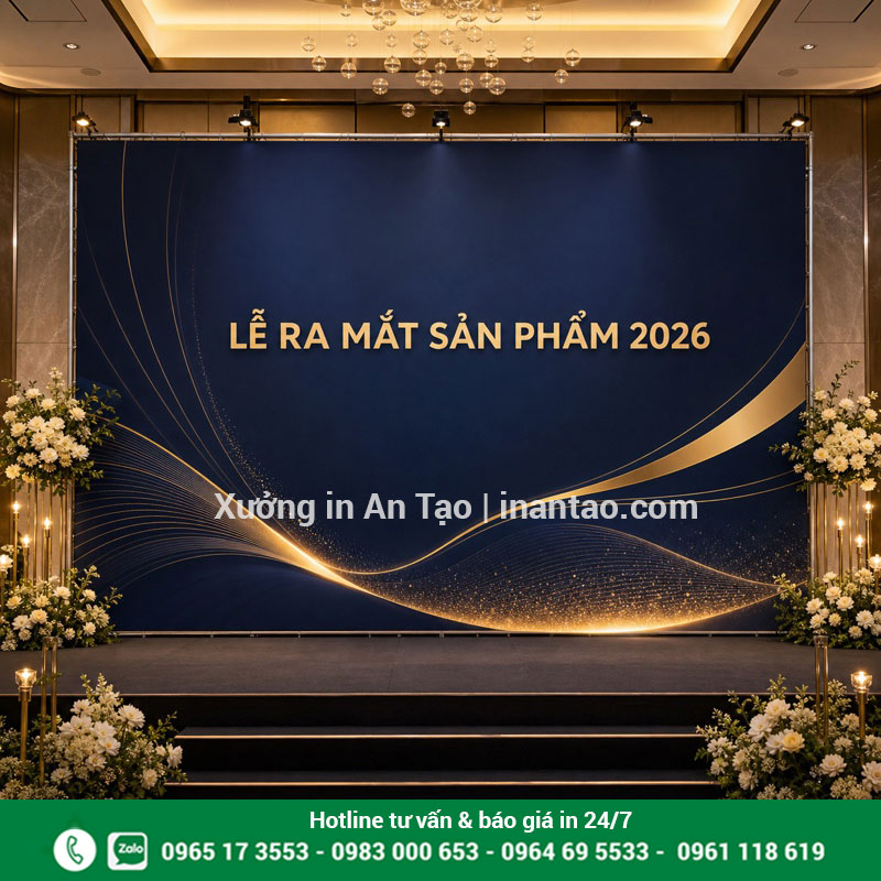 In banner backdrop sự kiện theo yêu cầu Backdrop sự kiện in banner theo yêu cầu với thiết kế xanh vàng sang trọng
