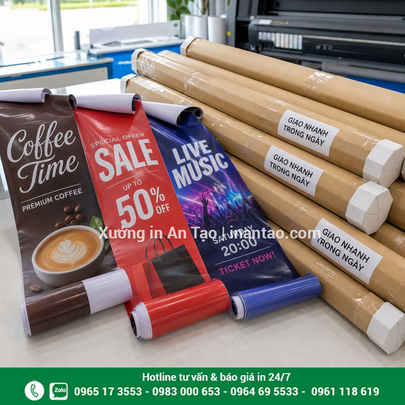 In banner lấy liền và đóng gói giao nhanh Banner in lấy liền được cuộn và đóng gói sẵn sàng giao trong ngày