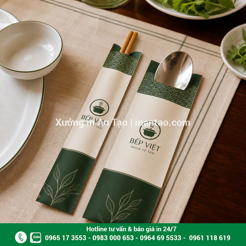 In bao muỗng và bao đũa cùng nhận diện Mẫu in bao muỗng đồng bộ với bao đũa nhà hàng