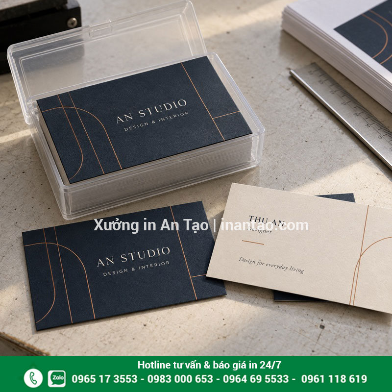 Mẫu card visit số lượng ít đóng hộp gọn gàng Danh thiếp AN STUDIO xanh đậm và kem được xếp trong hộp nhựa trong