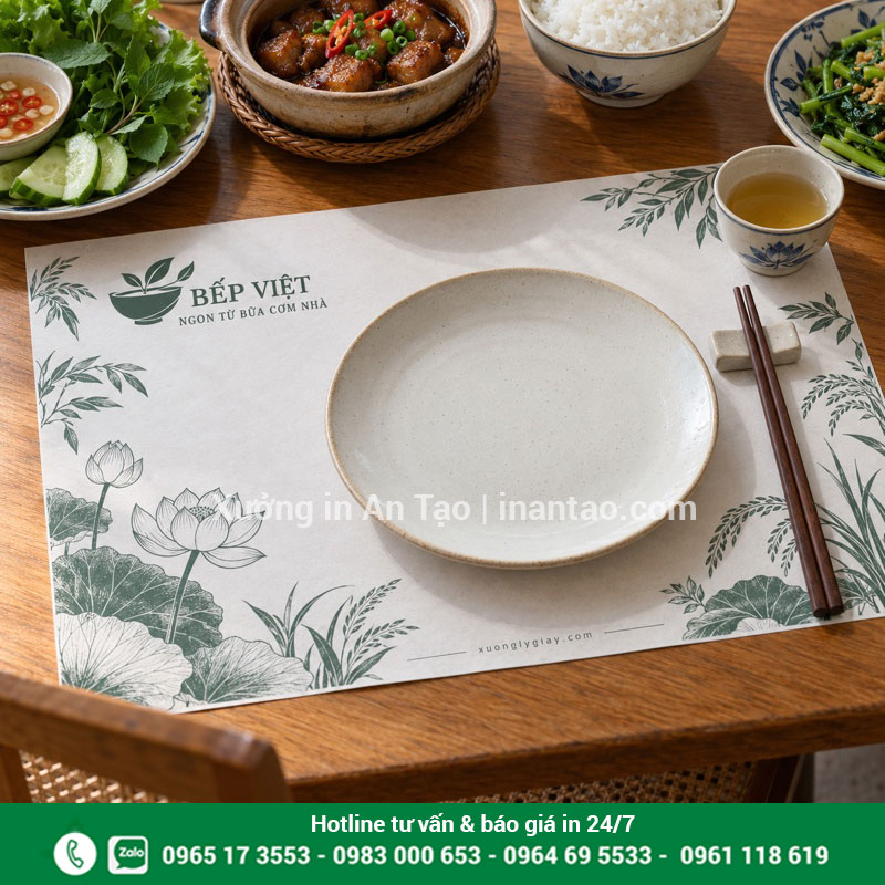 Mẫu in giấy lót bàn cho nhà hàng tại xuonglygiay.com Mẫu in giấy lót bàn họa tiết xanh đặt dưới đĩa ăn trên bàn gỗ