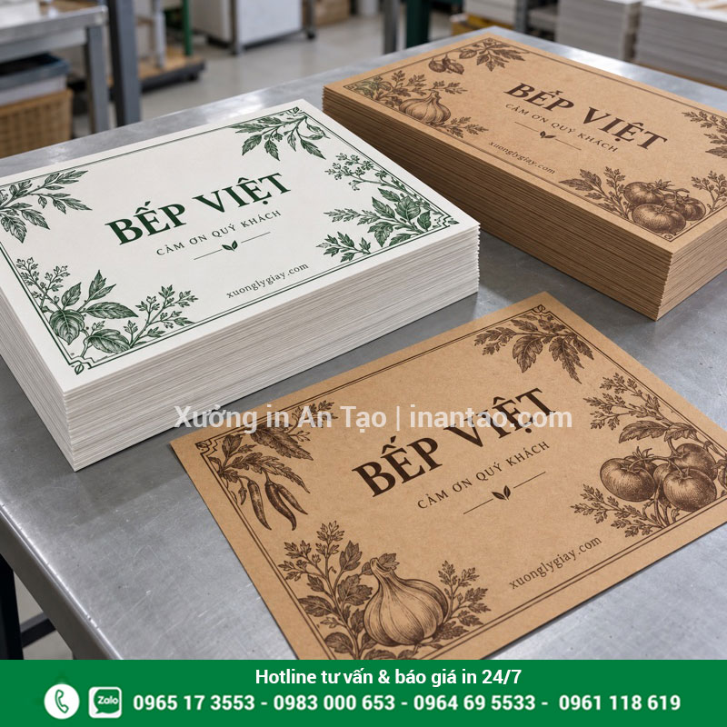 Mẫu giấy lót bàn in hoàn chỉnh tại xuonglygiay.com Chồng giấy lót bàn đã in họa tiết và cắt thành phẩm đặt trên bàn