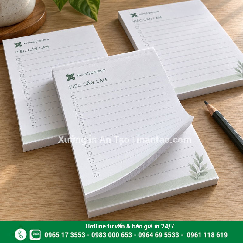 Mẫu in giấy note keo đầu cho bàn làm việc Tập giấy note keo đầu in danh sách việc cần làm, logo và website trên giấy trắng