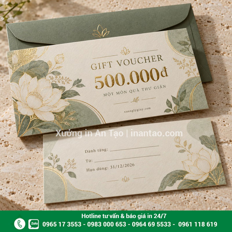In gift voucher cho quà tặng dịch vụ spa Mẫu gift voucher spa 500.000 đồng phối giấy kem và phong bì đồng bộ