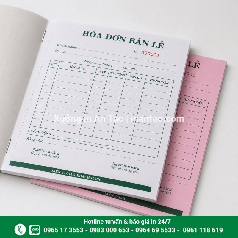 In hóa đơn bán lẻ 2 liên carbonless không cần giấy than Mẫu in hóa đơn bán lẻ 2 liên giấy trắng và hồng