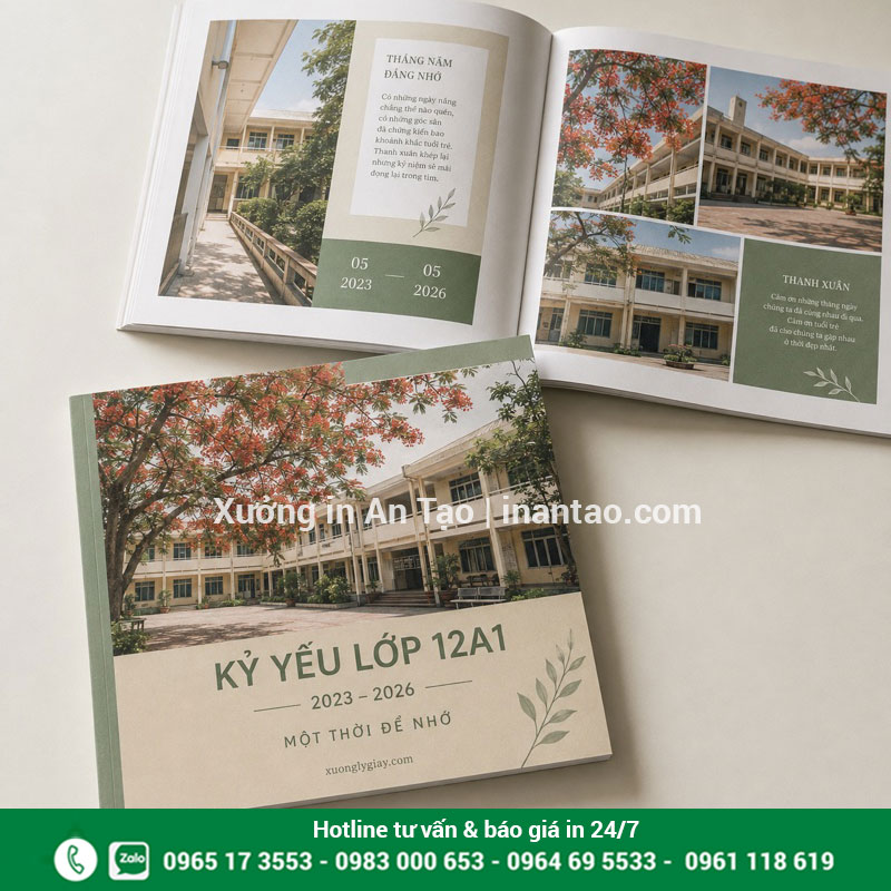 Thiết kế kỷ yếu lớp với chủ đề Một thời để nhớ Kỷ yếu lớp 12A1 tông kem xanh với hình sân trường và niên khóa 2023–2026