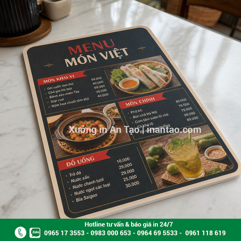 In menu Formex món Việt sắc nét và dễ lau In menu Formex món Việt cán mờ bo góc trên nền tấm cứng 5 mm