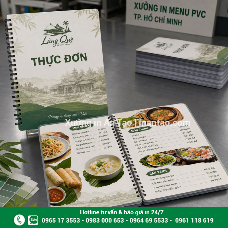 In menu nhựa PVC hoàn thiện sắc nét Mẫu in menu nhựa PVC dạng cuốn lò xo tại xuonglygiay.com