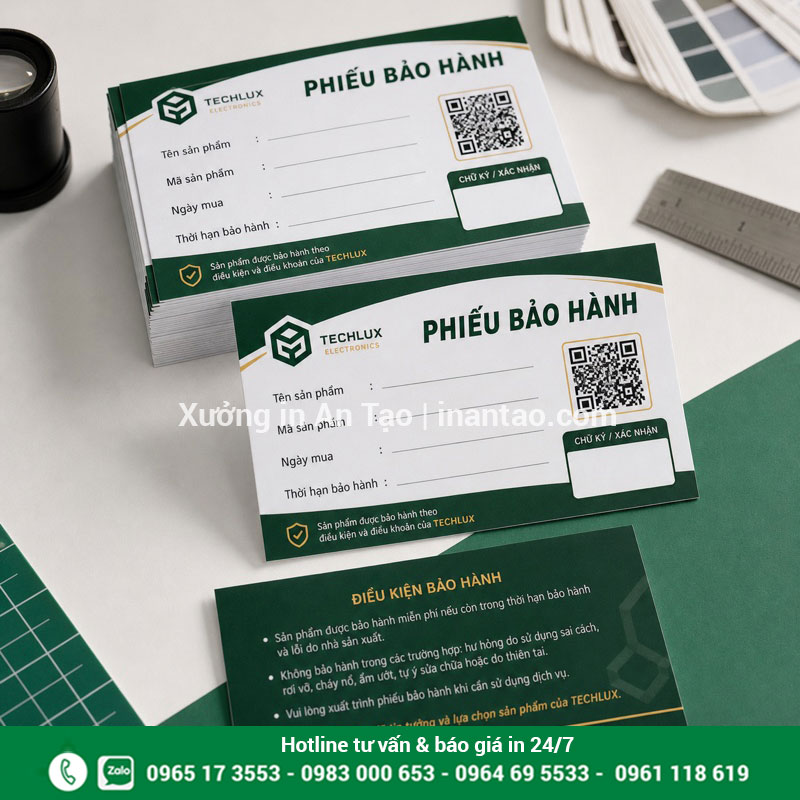 In phiếu bảo hành chuyên nghiệp tại xuonglygiay.com Mẫu in phiếu bảo hành hai mặt màu xanh có mã QR tại xuonglygiay.com