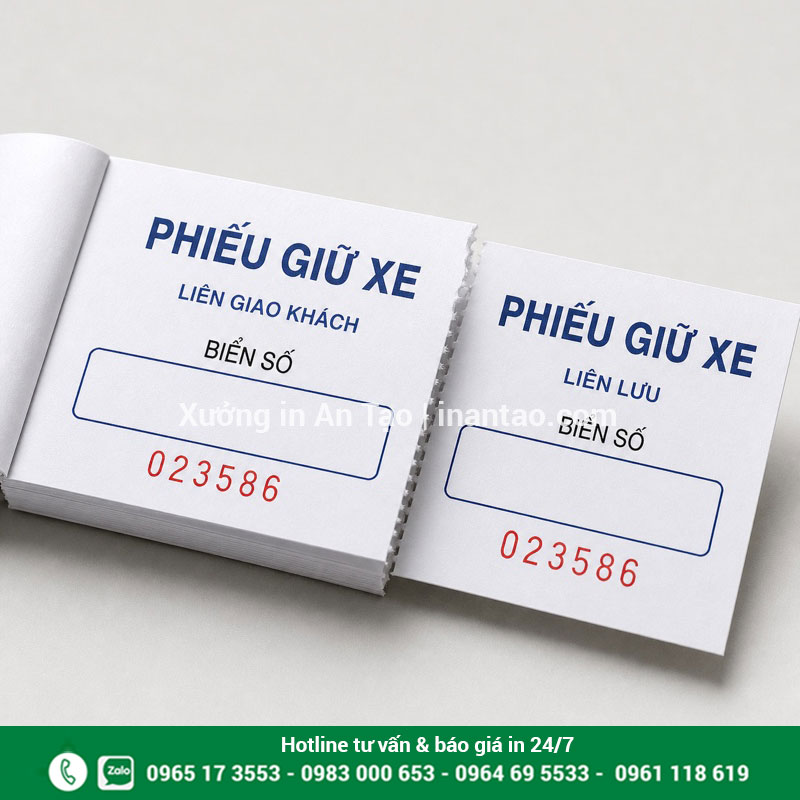 In phiếu giữ xe 2 liên cấn răng cưa Mẫu in phiếu giữ xe hai liên có số seri trùng nhau