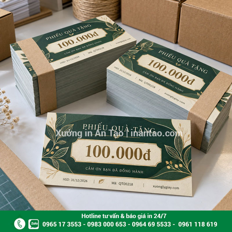 Mẫu in phiếu quà tặng hoàn thiện và chia lô Các chồng phiếu quà tặng 100.000 đồng đã in và xén cạnh gọn gàng