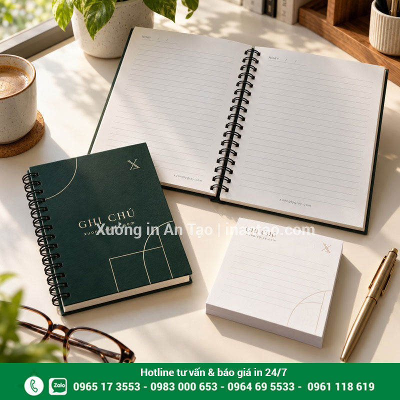 Mẫu in sổ note theo yêu cầu tại xuonglygiay.com Bộ sổ note bìa xanh in xuonglygiay.com cùng ruột kẻ dòng và tập giấy để bàn