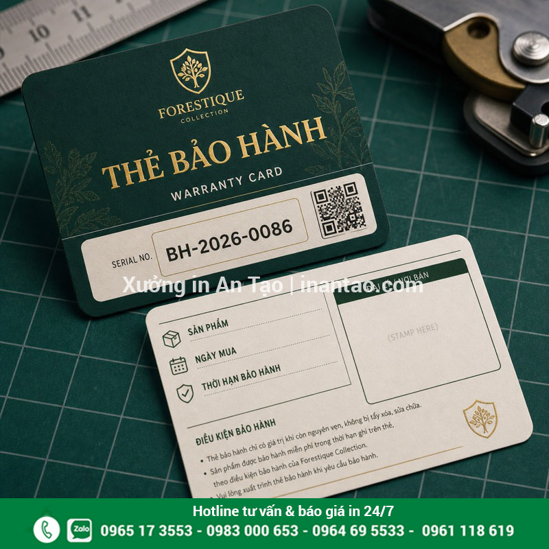 In thẻ bảo hành tích hợp QR code và serial In thẻ bảo hành QR code hai mặt có số serial và vùng đóng dấu