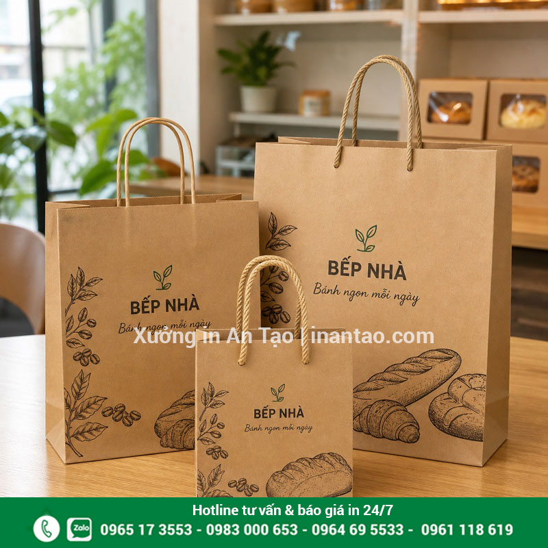 Mẫu túi giấy Kraft in logo theo yêu cầu In túi giấy Kraft theo yêu cầu cho tiệm bánh và cà phê