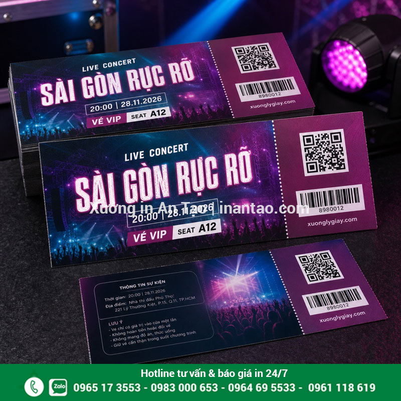 In vé ca nhạc sắc nét phân hạng VIP và số ghế In vé ca nhạc màu sắc nổi bật có QR, barcode và cuống xé