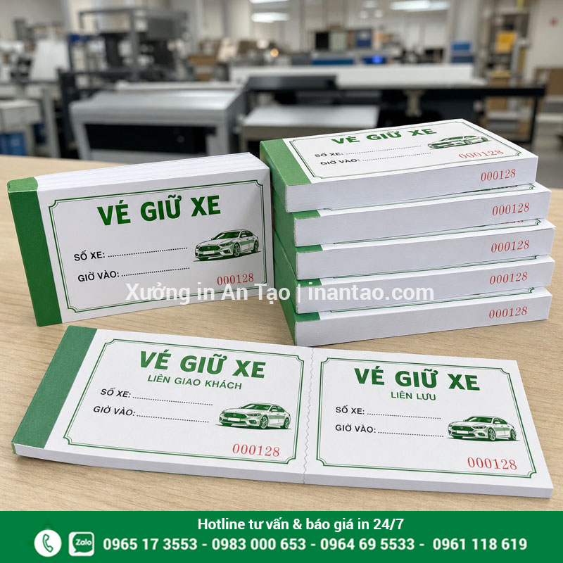 In vé giữ xe theo yêu cầu tại xuonglygiay.com Cuốn in vé giữ xe hoàn chỉnh có số seri và đường răng cưa
