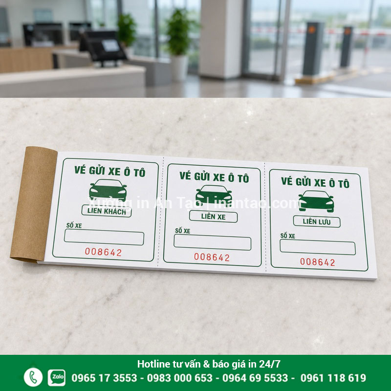 In vé gửi xe ô tô 3 liên theo yêu cầu Mẫu in vé gửi xe ô tô ba liên màu xanh có số nhảy