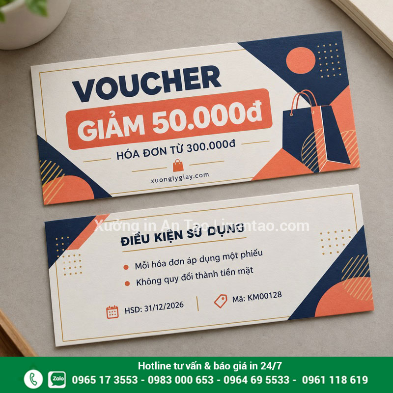 Mẫu in voucher giảm giá có điều kiện rõ ràng Hai mặt voucher giảm 50.000 đồng cho hóa đơn từ 300.000 đồng