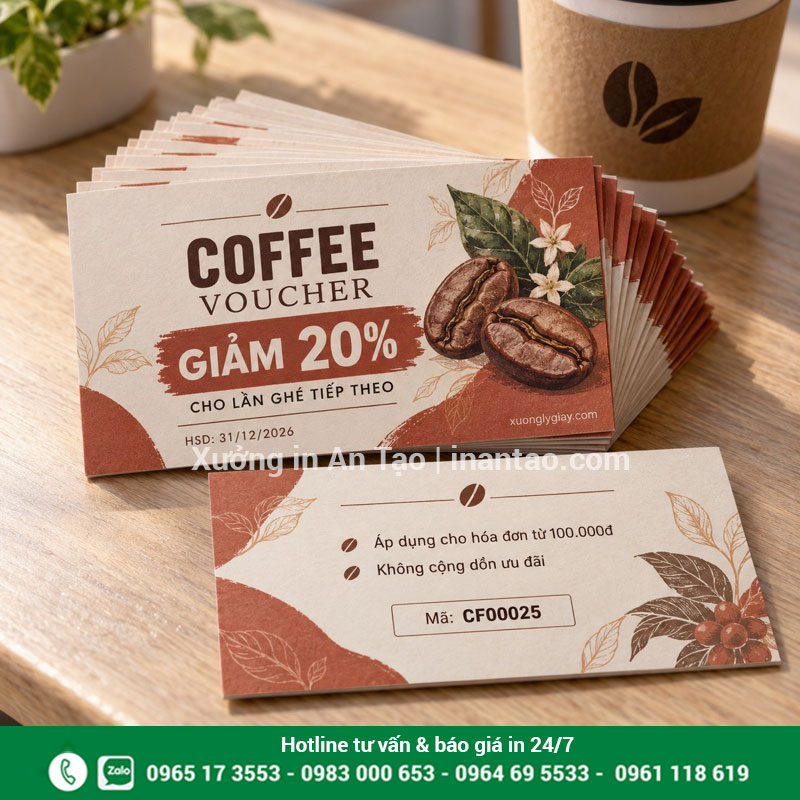 In voucher số lượng ít cho quán cà phê Lô voucher cà phê giảm 20 phần trăm với mặt sau ghi điều kiện áp dụng