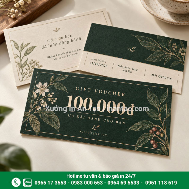 Mẫu in voucher theo yêu cầu tại xuonglygiay.com Bộ mẫu voucher màu xanh và kem với mệnh giá 100.000 đồng