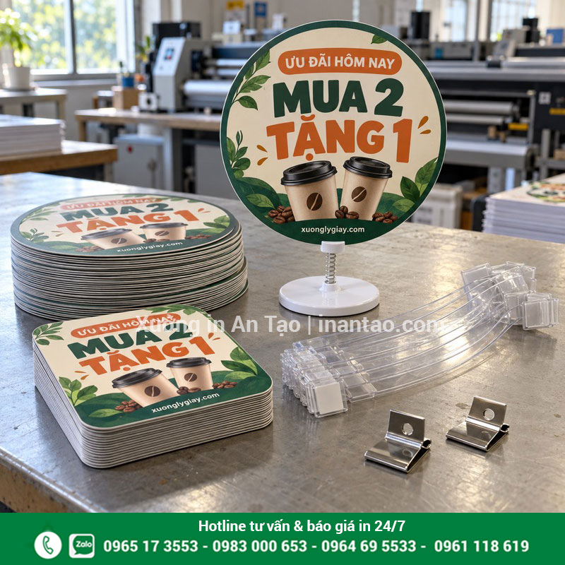 Mẫu thành phẩm sau in và gia công wobbler Các mặt in wobbler tròn và vuông đã bế thành phẩm xếp cạnh thanh nhựa và mẫu để bàn