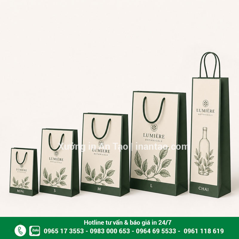 Kích thước túi giấy phổ biến theo sản phẩm Các kích thước túi giấy từ mini đến túi đựng chai