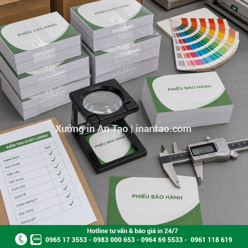 Kiểm tra chất lượng phiếu bảo hành trước giao hàng Kiểm tra kích thước màu sắc và đóng gói phiếu bảo hành thành phẩm