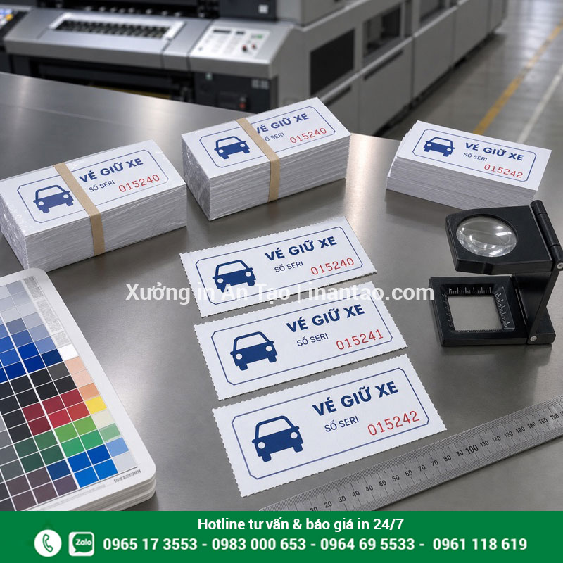 Kiểm tra chất lượng thành phẩm in vé xe Kiểm tra số seri màu mực và đường cắt sau khi in vé xe