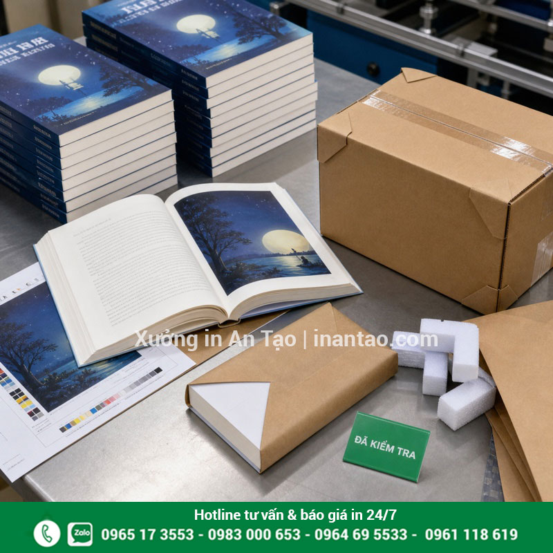 Kiểm tra và đóng gói sách thành phẩm tại xưởng in sách Sách thành phẩm được kiểm tra màu, đóng gói và bảo vệ trước khi giao
