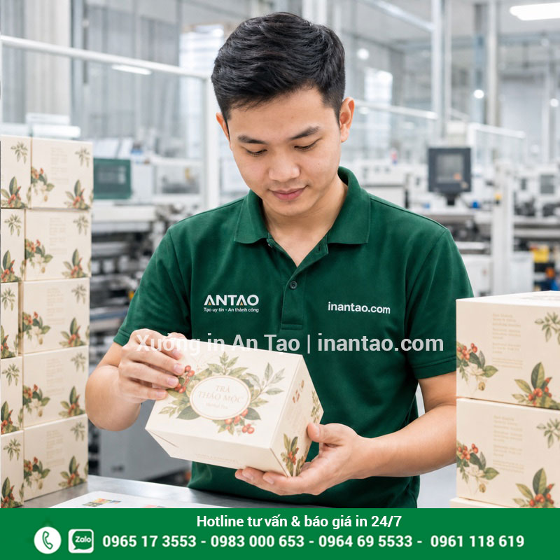 Kiểm tra màu in, đường gấp và keo dán hộp giấy Nhân viên Việt Nam kiểm tra hộp giấy thành phẩm tại xưởng