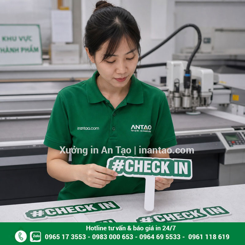 Kiểm tra chất lượng in hashtag cầm tay tại xưởng Nhân viên Việt Nam kiểm tra in hashtag cầm tay