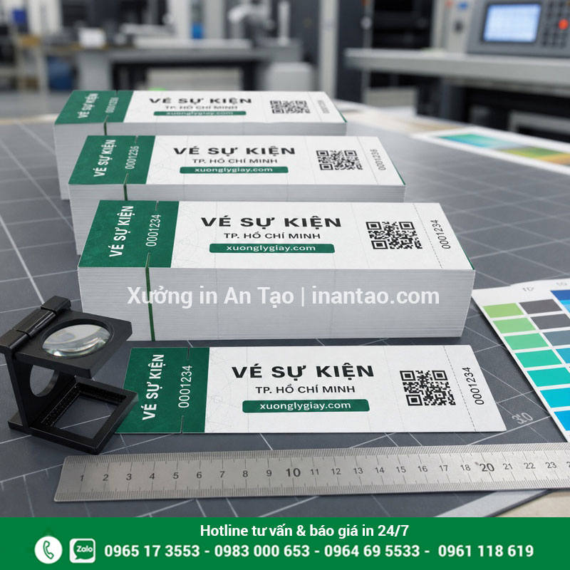 Kiểm tra và đóng gói thành phẩm in vé Kiểm tra màu, kích thước, QR và số seri của lô in vé thành phẩm