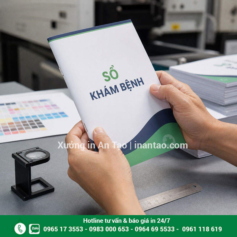 Kiểm tra màu ghim và mép xén sổ khám bệnh Kiểm tra thành phẩm in sổ khám tại xưởng