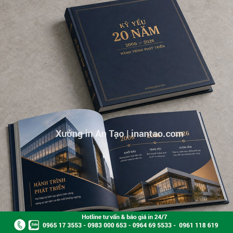 Mẫu kỷ yếu công ty kỷ niệm 20 năm Kỷ yếu công ty bìa xanh navy ép kim chủ đề hành trình 20 năm