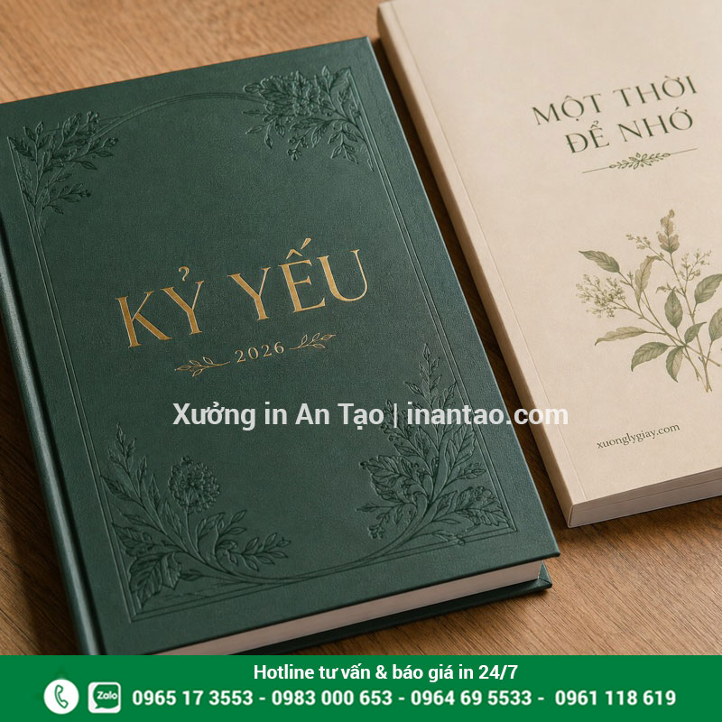 Chi tiết bìa kỷ yếu cán mờ và ép kim Cận cảnh bìa kỷ yếu xanh ép kim và bìa mềm màu kem