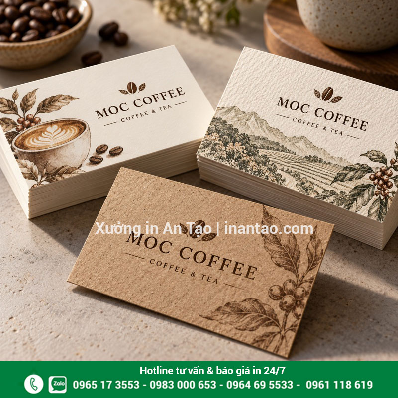 Các chất liệu giấy để in danh thiếp Ba mẫu danh thiếp quán cà phê trên giấy nhẵn, giấy vân và giấy kraft