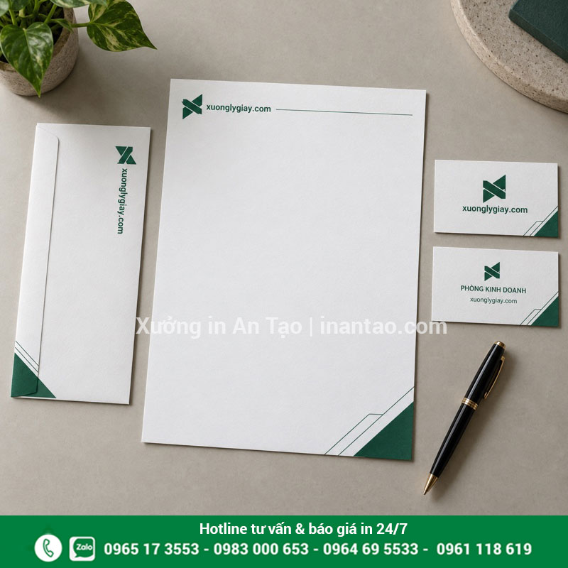 Tiêu đề thư đồng bộ với danh thiếp và phong bì Bộ tiêu đề thư A4, phong bì và danh thiếp phối cùng màu xanh xuonglygiay.com