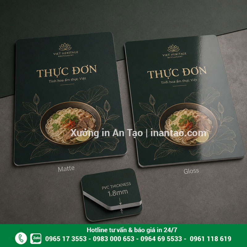 Chọn bề mặt menu nhựa cán mờ hay cán bóng So sánh menu nhựa PVC cán mờ và cán bóng