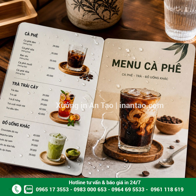 Menu nhựa chống nước dễ lau sạch Menu nhựa chống nước với giọt nước trên bề mặt PVC