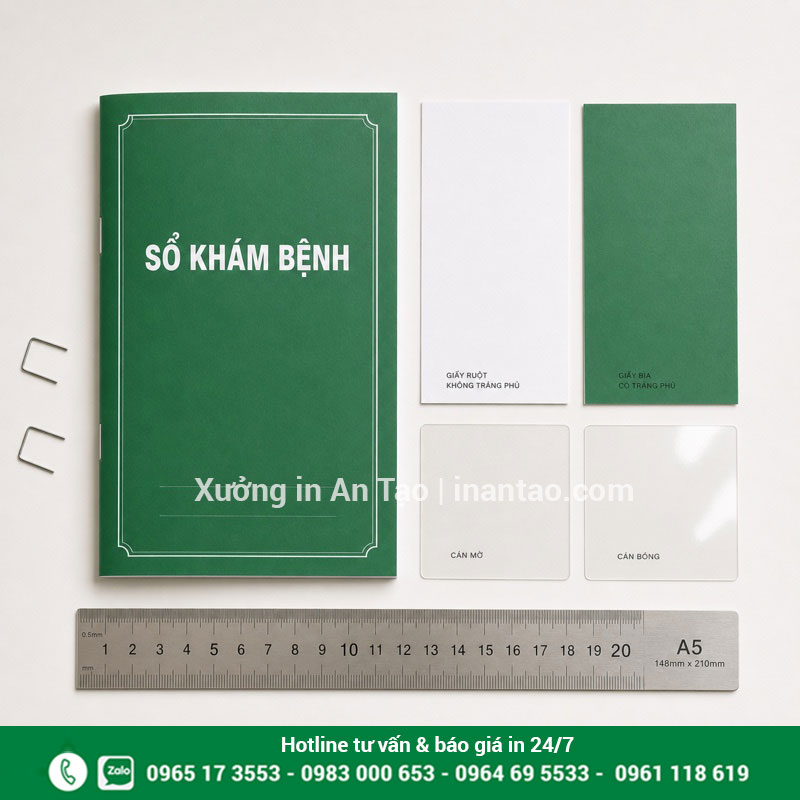 Chọn giấy và gia công khi in sổ khám Quy cách in sổ khám gồm giấy bìa giấy ruột cán màng và khổ A5