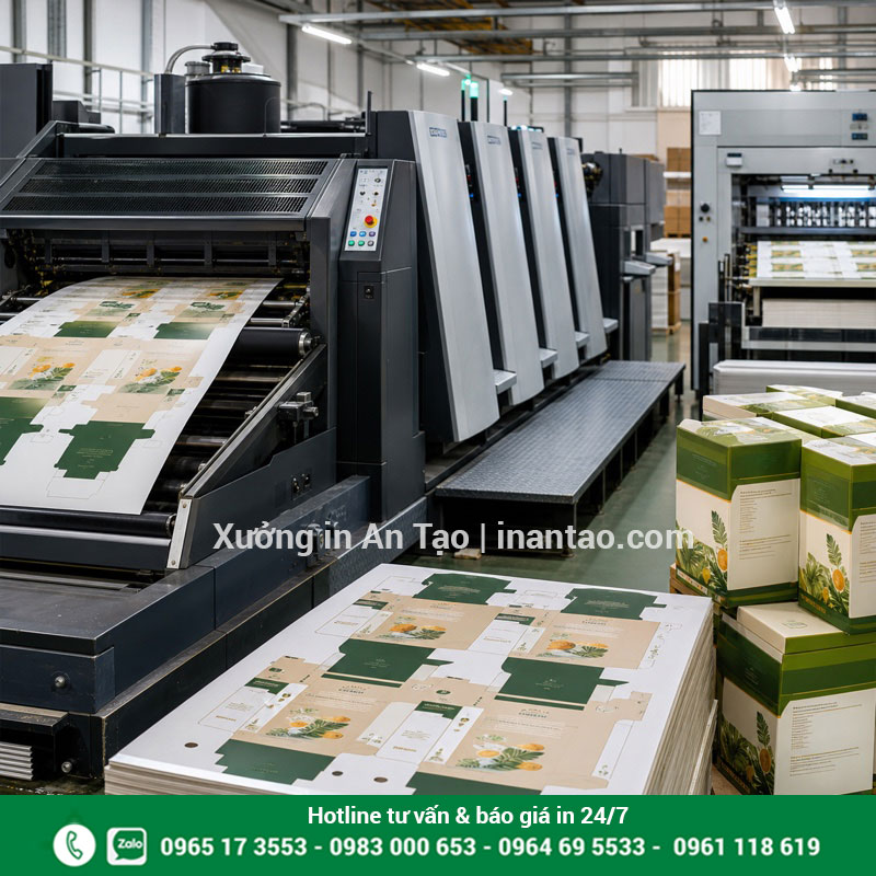 Quy trình in hộp giấy offset nhiều màu tại xưởng Dây chuyền in offset và bế hộp giấy tại xưởng