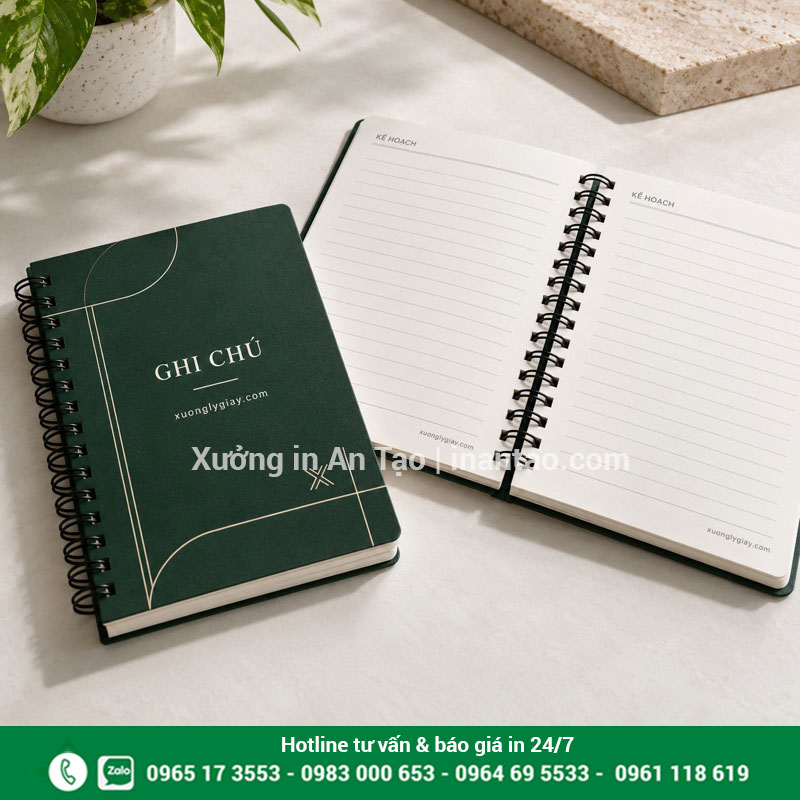 Sổ ghi chú in logo với bìa và ruột thiết kế riêng Sổ ghi chú in logo bìa xanh đóng lò xo cạnh mẫu ruột mở phẳng có dòng kẻ