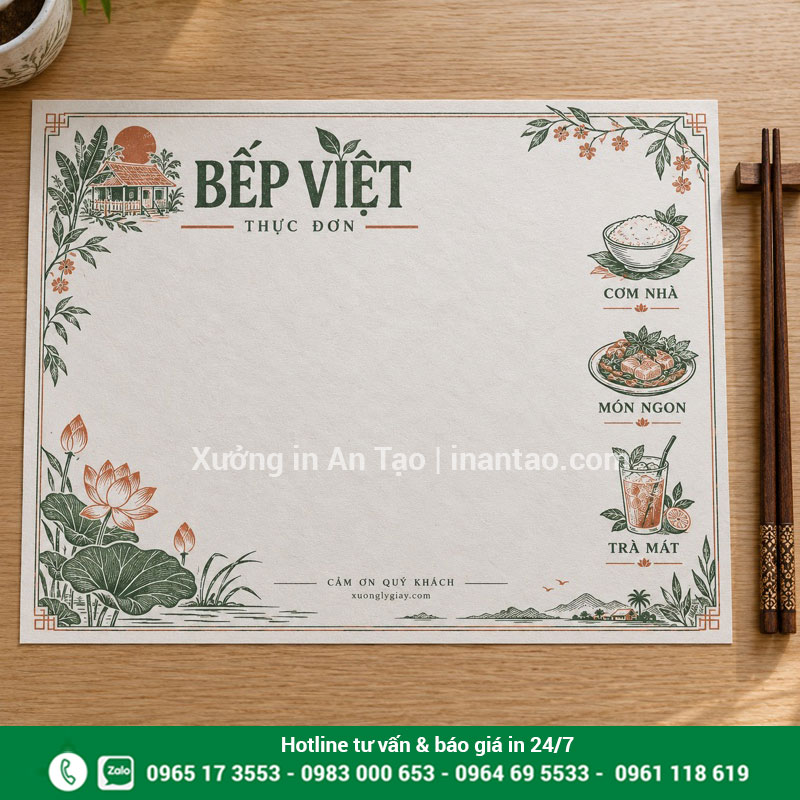 Thiết kế giấy lót bàn ăn theo phong cách riêng Bố cục giấy lót bàn ăn có tên quán, nhóm món và họa tiết trang trí