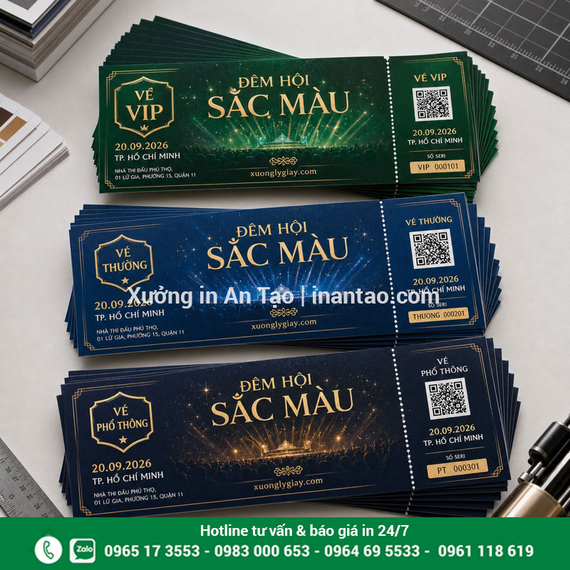 Vé sự kiện đẹp in theo yêu cầu tại xuonglygiay.com Mẫu vé sự kiện có QR code, số seri và cuống xé tại xuonglygiay.com