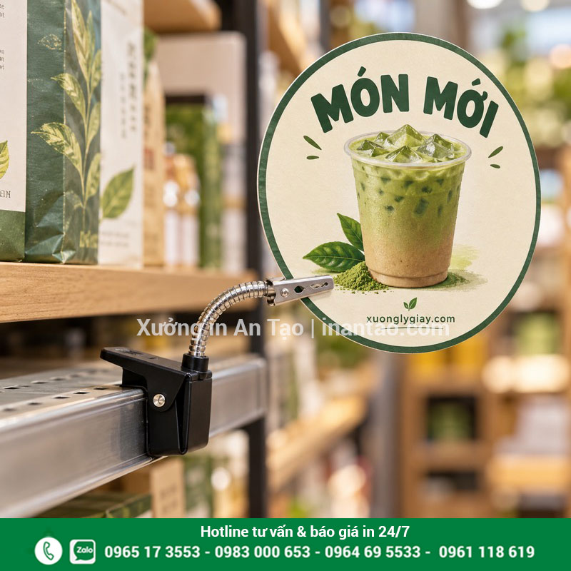 Chi tiết wobbler kẹp và bộ phận giữ mặt in Wobbler kẹp có chân kẹp đen và thân kim loại giữ mặt in giới thiệu món matcha mới