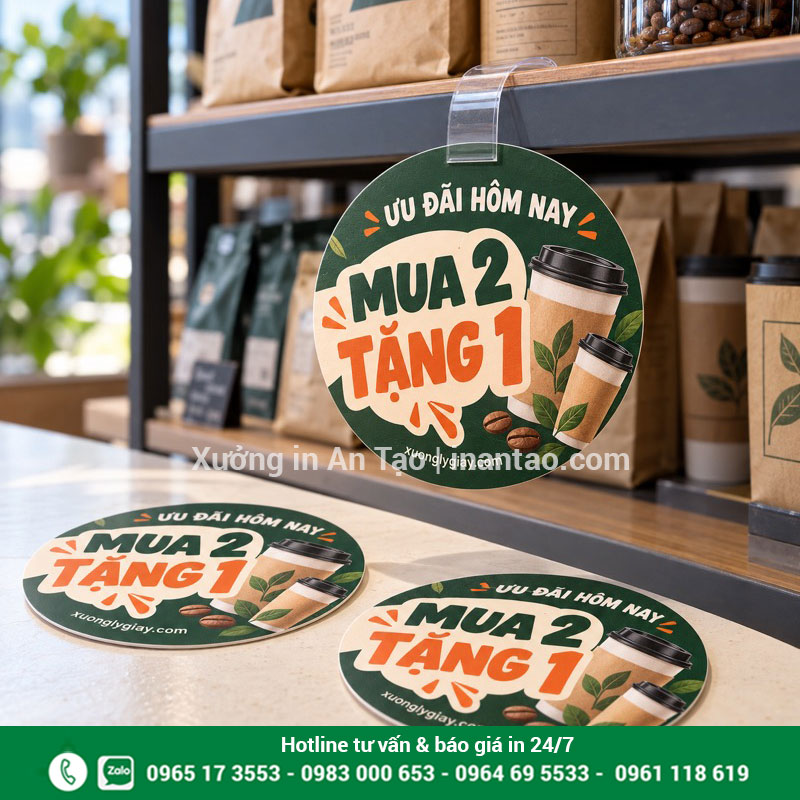 Mẫu wobbler quảng cáo cho quầy cà phê Mẫu wobbler quảng cáo màu xanh kem với thông điệp mua 2 tặng 1 và thanh nhựa trong